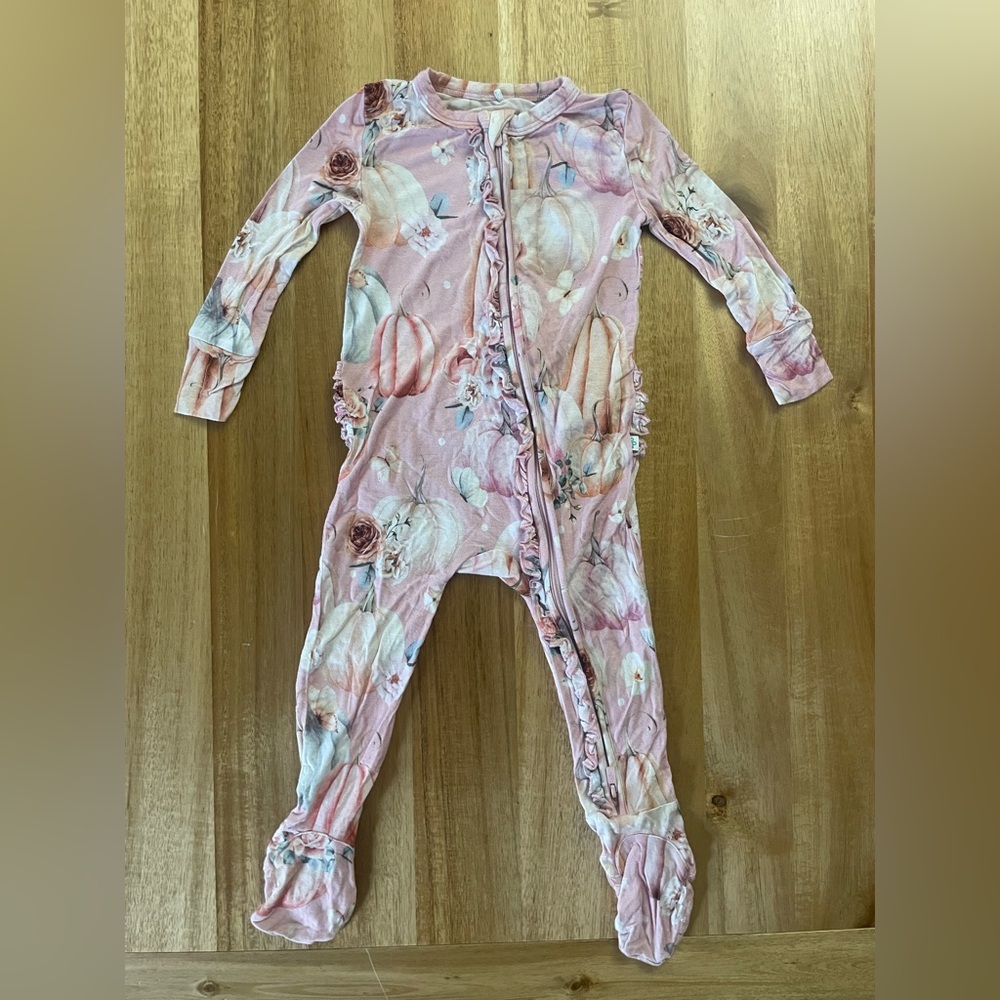 Posh Peanut Blush Pink Floral Pumpkin Ruffle Zip Bamboo Footie, 18-24m